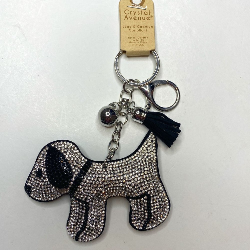 Crystal Avenue NWT, black/silver rhinestone puppy key chain.